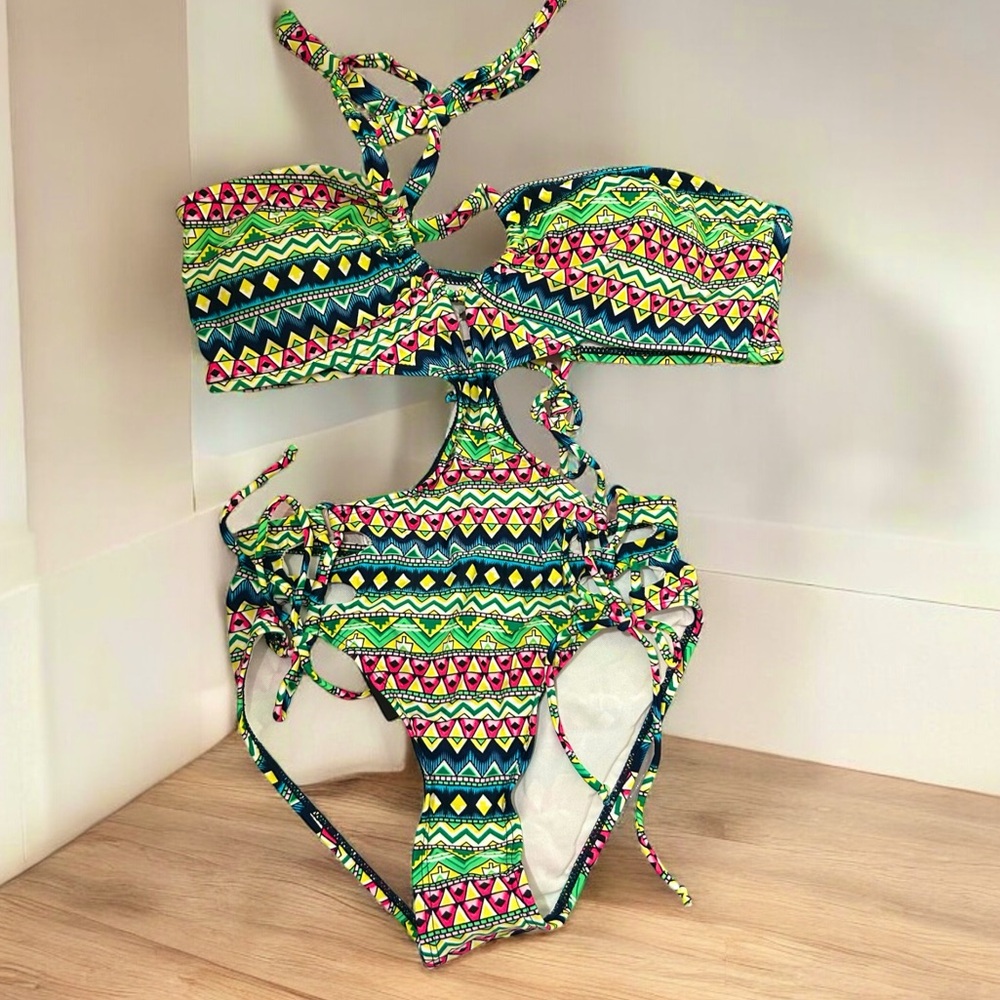 Green Multi Color Cut Out One Piece Monokini Bathing Suit - Picture 3 of 8